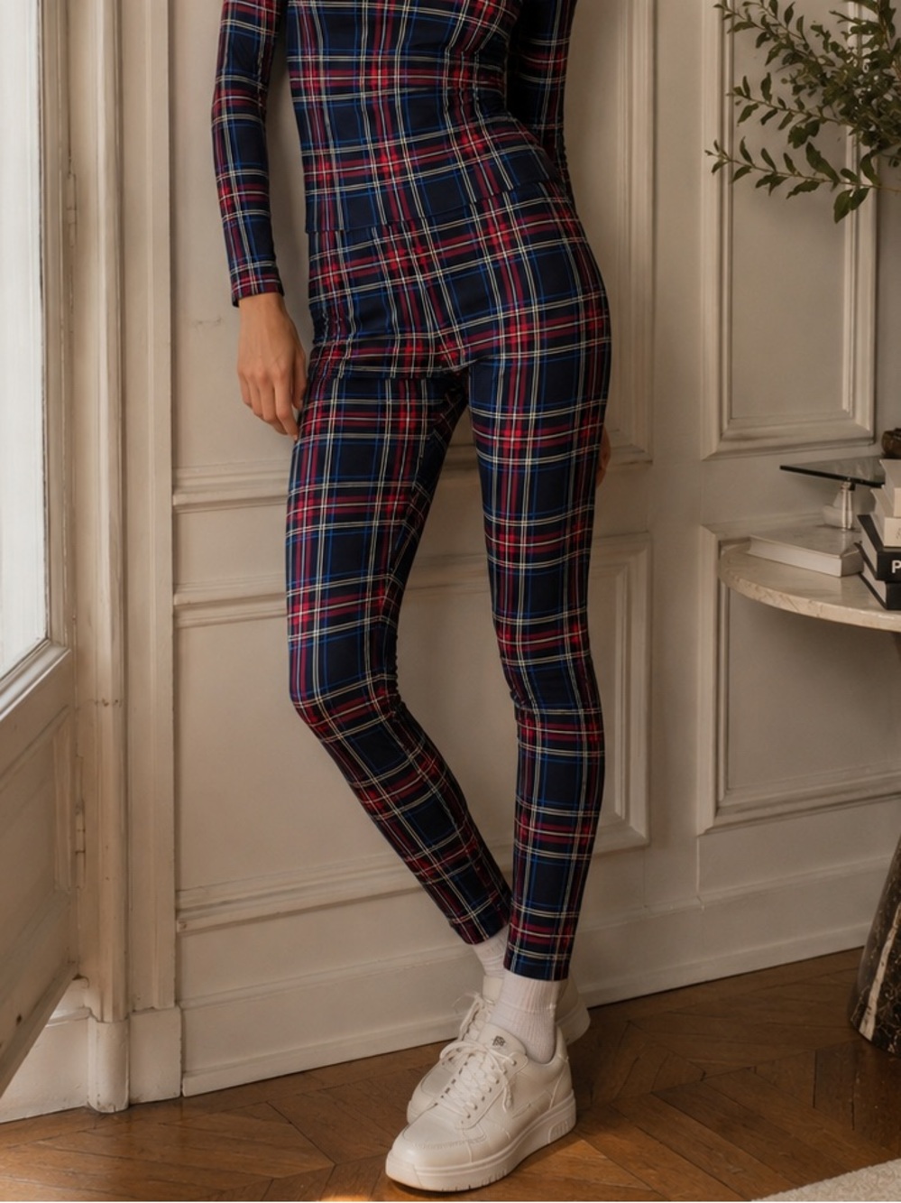 GANNI Plaid Leggings Women's Size 34 US 4 Navy Blue Red White Stretch Skinny - Picture 3 of 13